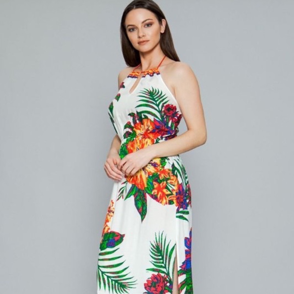 Halter Neck Tropical Floral Print Maxi Dress